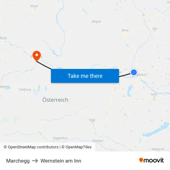 Marchegg to Wernstein am Inn map