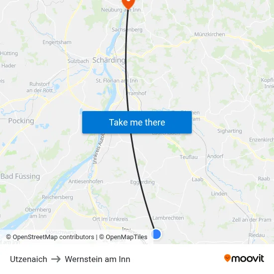 Utzenaich to Wernstein am Inn map