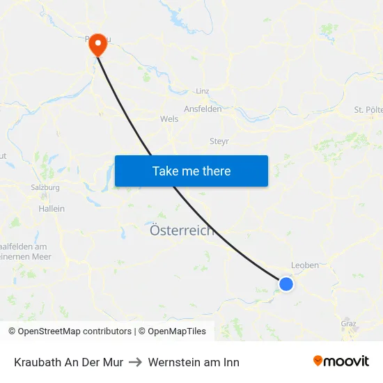 Kraubath An Der Mur to Wernstein am Inn map