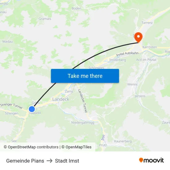Gemeinde Pians to Stadt Imst map