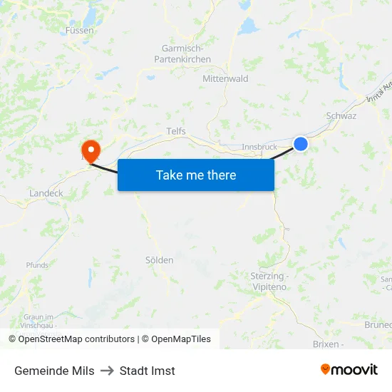 Gemeinde Mils to Stadt Imst map