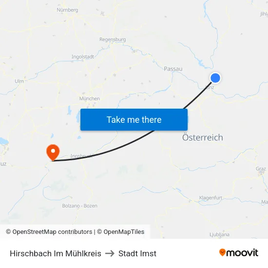 Hirschbach Im Mühlkreis to Stadt Imst map