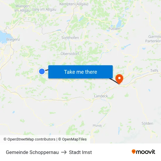 Gemeinde Schoppernau to Stadt Imst map