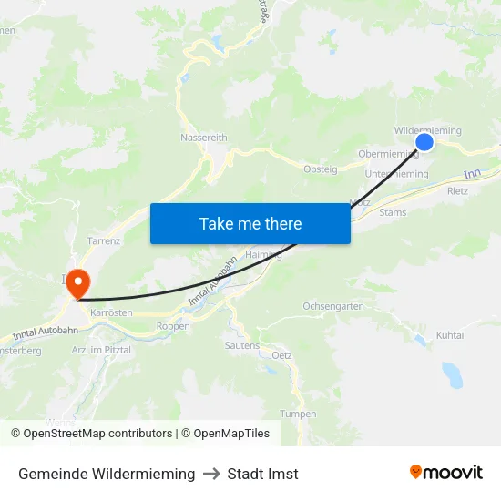 Gemeinde Wildermieming to Stadt Imst map