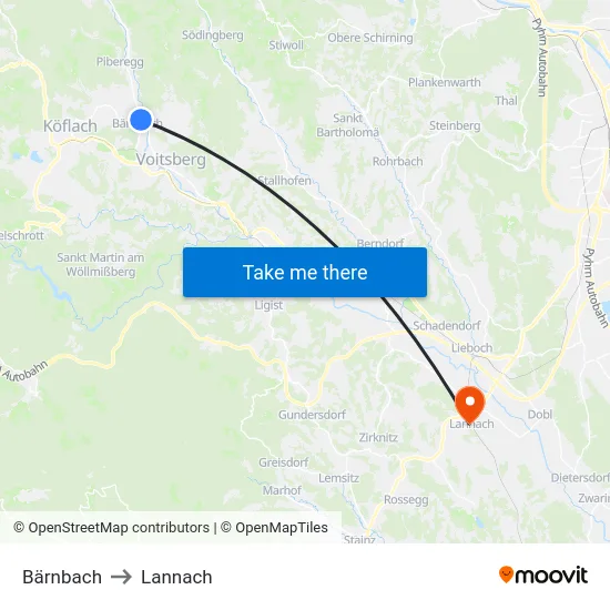 Bärnbach to Lannach map