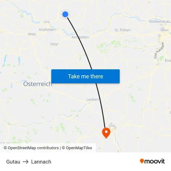 Gutau to Lannach map