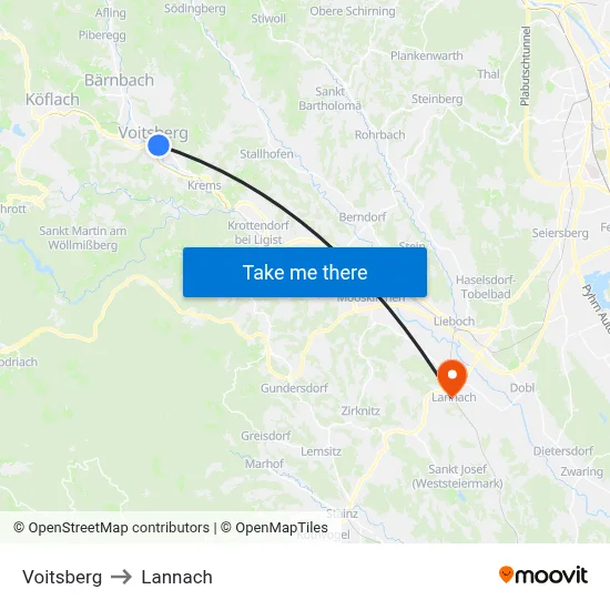 Voitsberg to Lannach map
