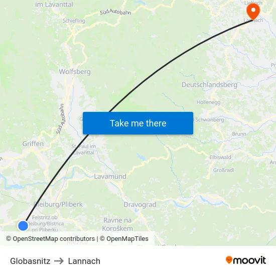 Globasnitz to Lannach map