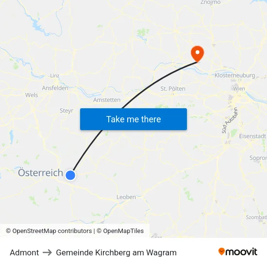 Admont to Gemeinde Kirchberg am Wagram map