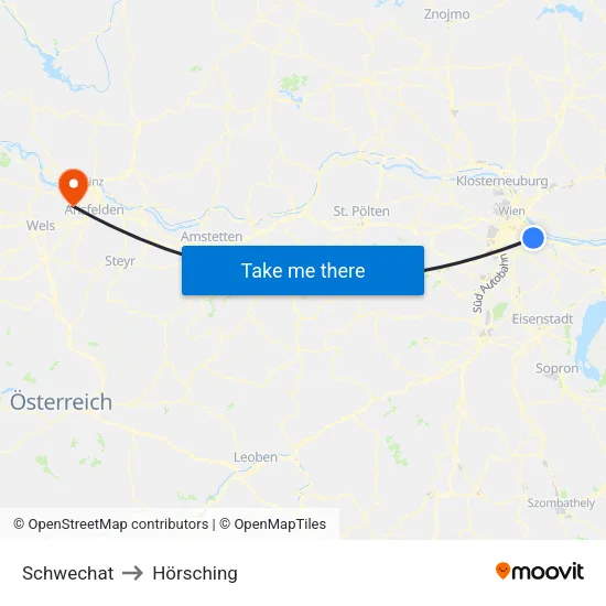 Schwechat to Hörsching map
