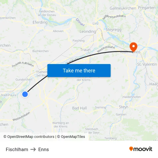 Fischlham to Enns map