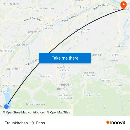 Traunkirchen to Enns map