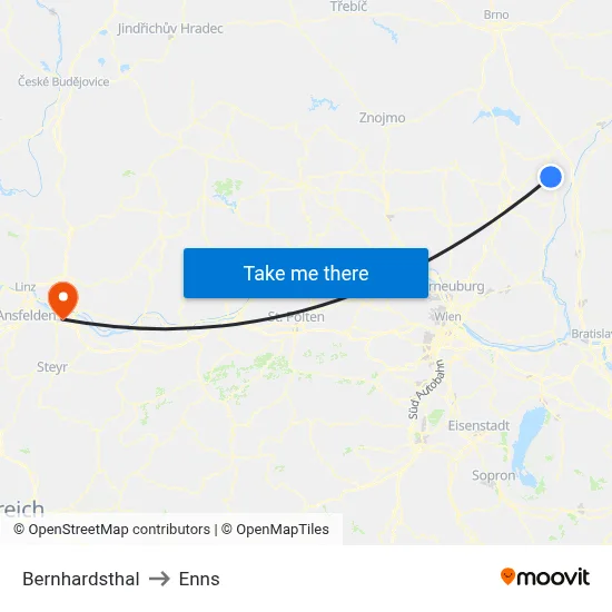 Bernhardsthal to Enns map