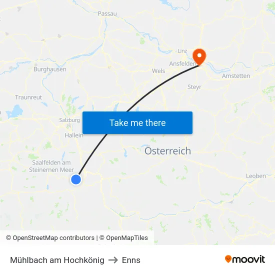 Mühlbach am Hochkönig to Enns map