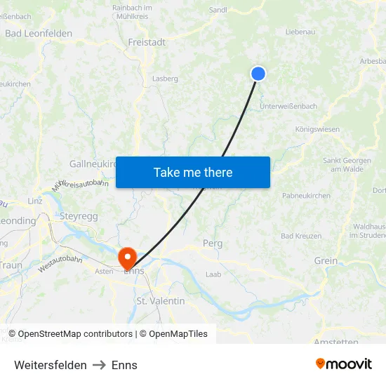Weitersfelden to Enns map