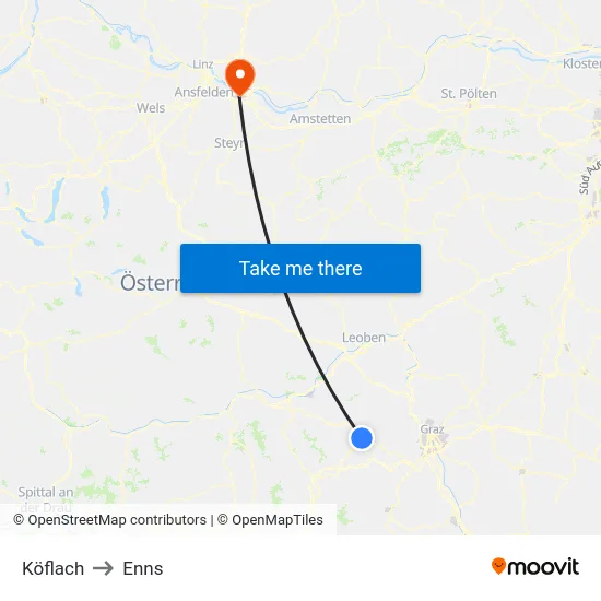 Köflach to Enns map