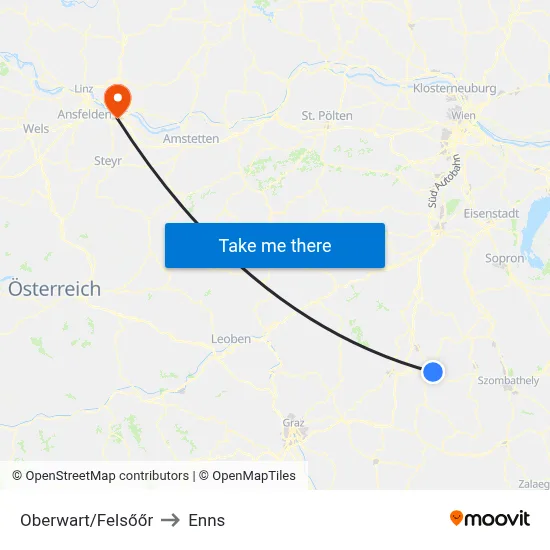 Oberwart/Felsőőr to Enns map