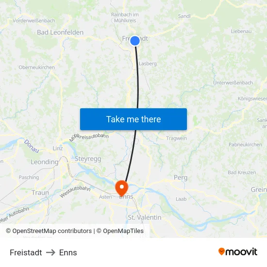 Freistadt to Enns map