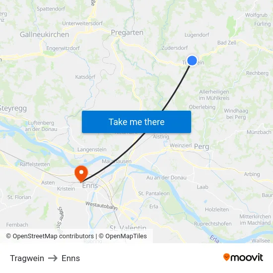 Tragwein to Enns map