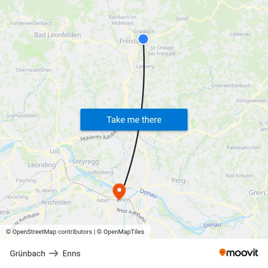 Grünbach to Enns map