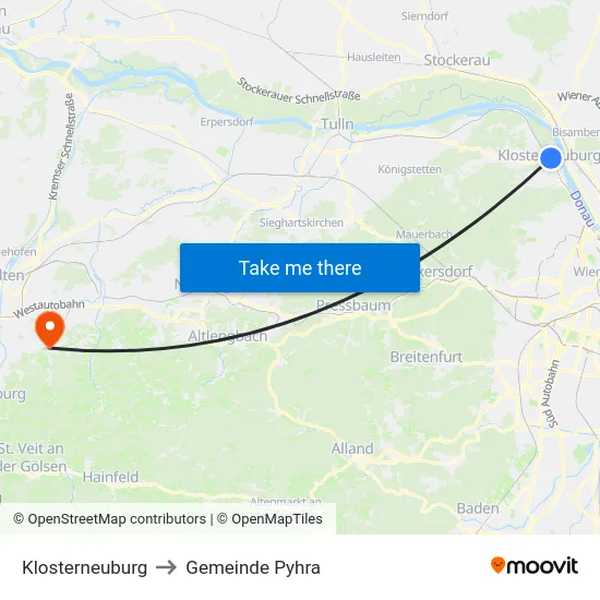Klosterneuburg to Gemeinde Pyhra map