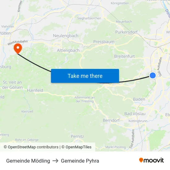 Gemeinde Mödling to Gemeinde Pyhra map
