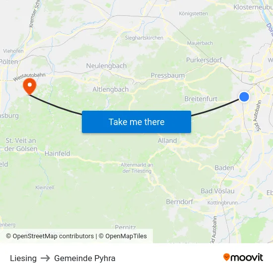 Liesing to Gemeinde Pyhra map