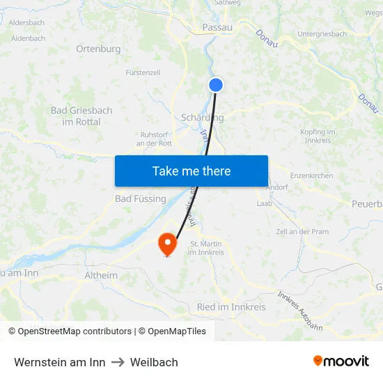 Wernstein am Inn to Weilbach map
