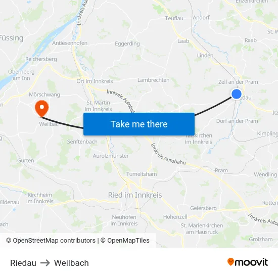 Riedau to Weilbach map