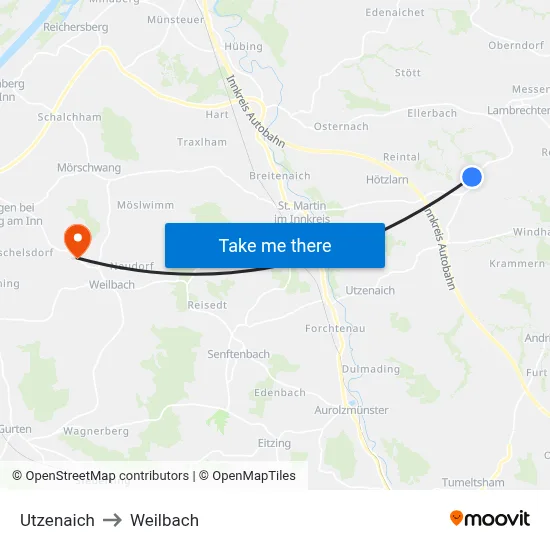Utzenaich to Weilbach map