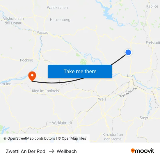 Zwettl An Der Rodl to Weilbach map