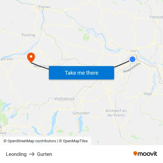 Leonding to Gurten map