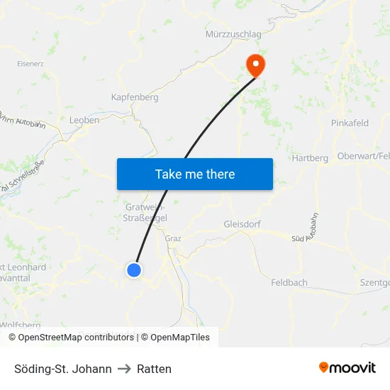 Söding-St. Johann to Ratten map