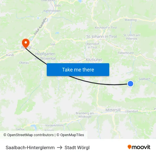 Saalbach-Hinterglemm to Stadt Wörgl map