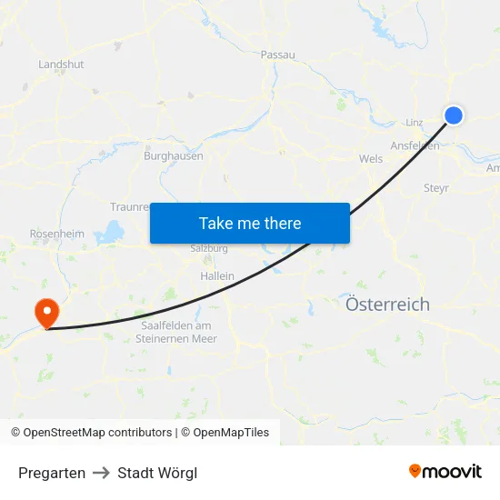 Pregarten to Stadt Wörgl map