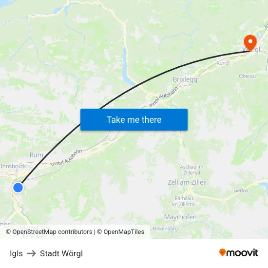 Igls to Stadt Wörgl map