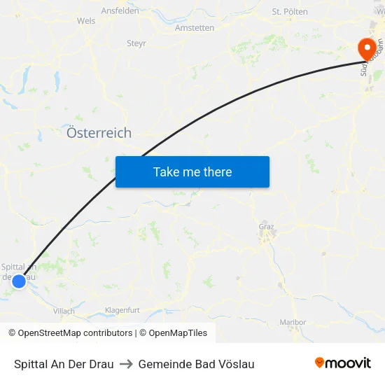 Spittal An Der Drau to Gemeinde Bad Vöslau map