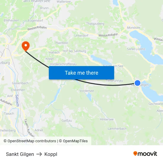 Sankt Gilgen to Koppl map
