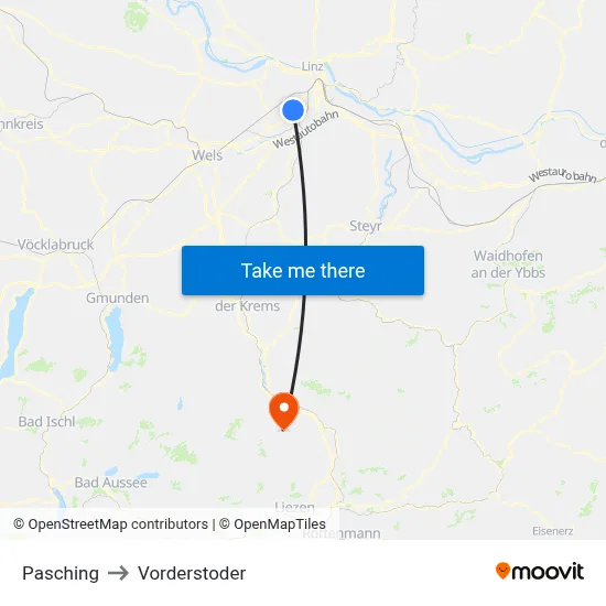 Pasching to Vorderstoder map