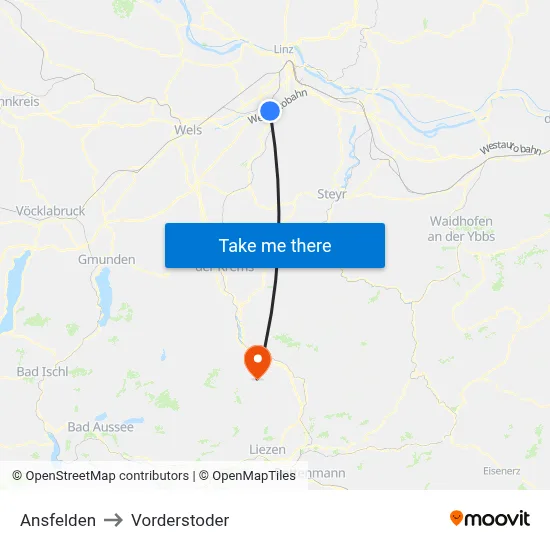 Ansfelden to Vorderstoder map