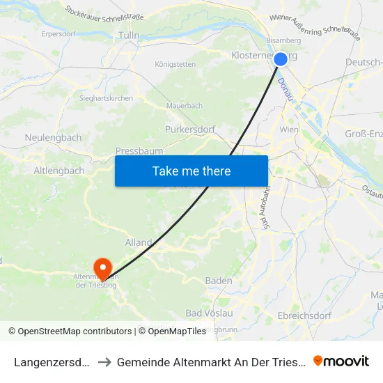 Langenzersdorf to Gemeinde Altenmarkt An Der Triesting map