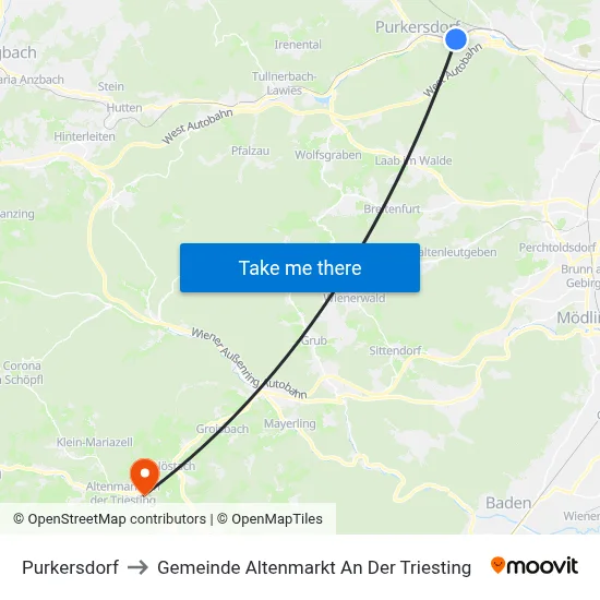 Purkersdorf to Gemeinde Altenmarkt An Der Triesting map