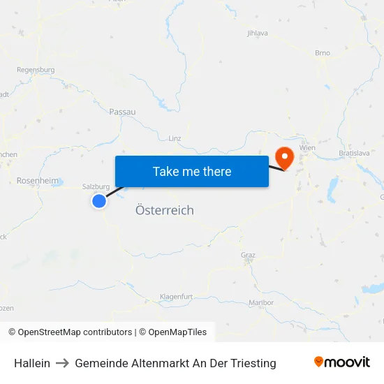 Hallein to Gemeinde Altenmarkt An Der Triesting map