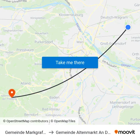 Gemeinde Markgrafneusiedl to Gemeinde Altenmarkt An Der Triesting map