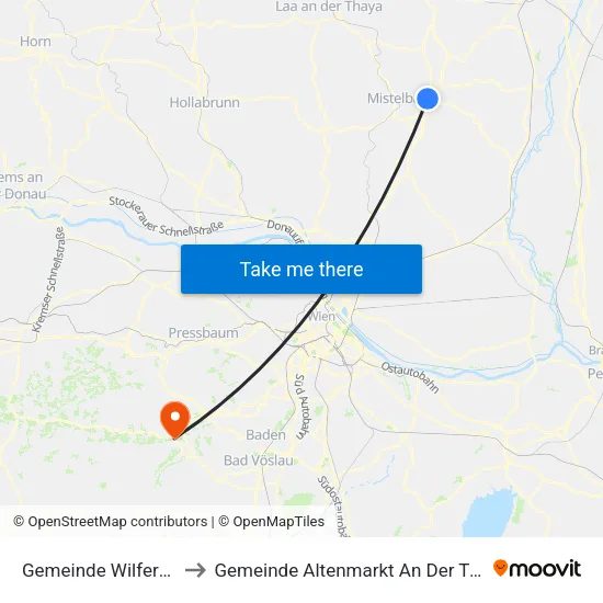 Gemeinde Wilfersdorf to Gemeinde Altenmarkt An Der Triesting map