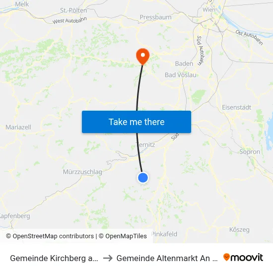 Gemeinde Kirchberg am Wechsel to Gemeinde Altenmarkt An Der Triesting map