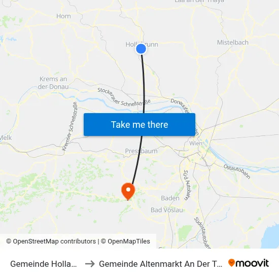 Gemeinde Hollabrunn to Gemeinde Altenmarkt An Der Triesting map