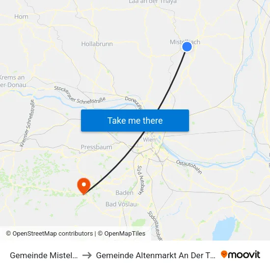 Gemeinde Mistelbach to Gemeinde Altenmarkt An Der Triesting map