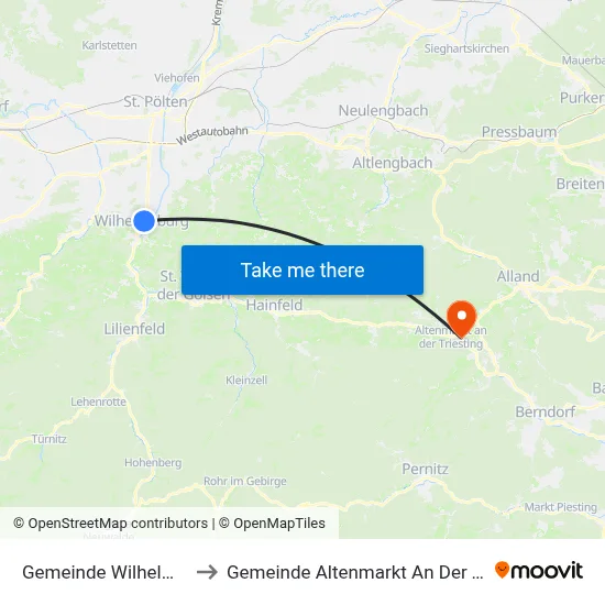 Gemeinde Wilhelmsburg to Gemeinde Altenmarkt An Der Triesting map