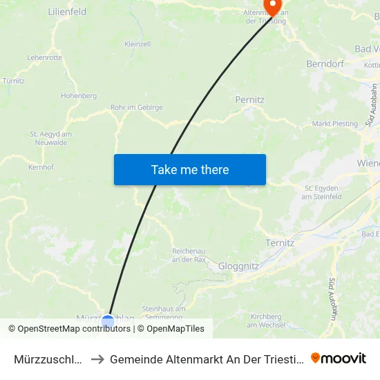 Mürzzuschlag to Gemeinde Altenmarkt An Der Triesting map